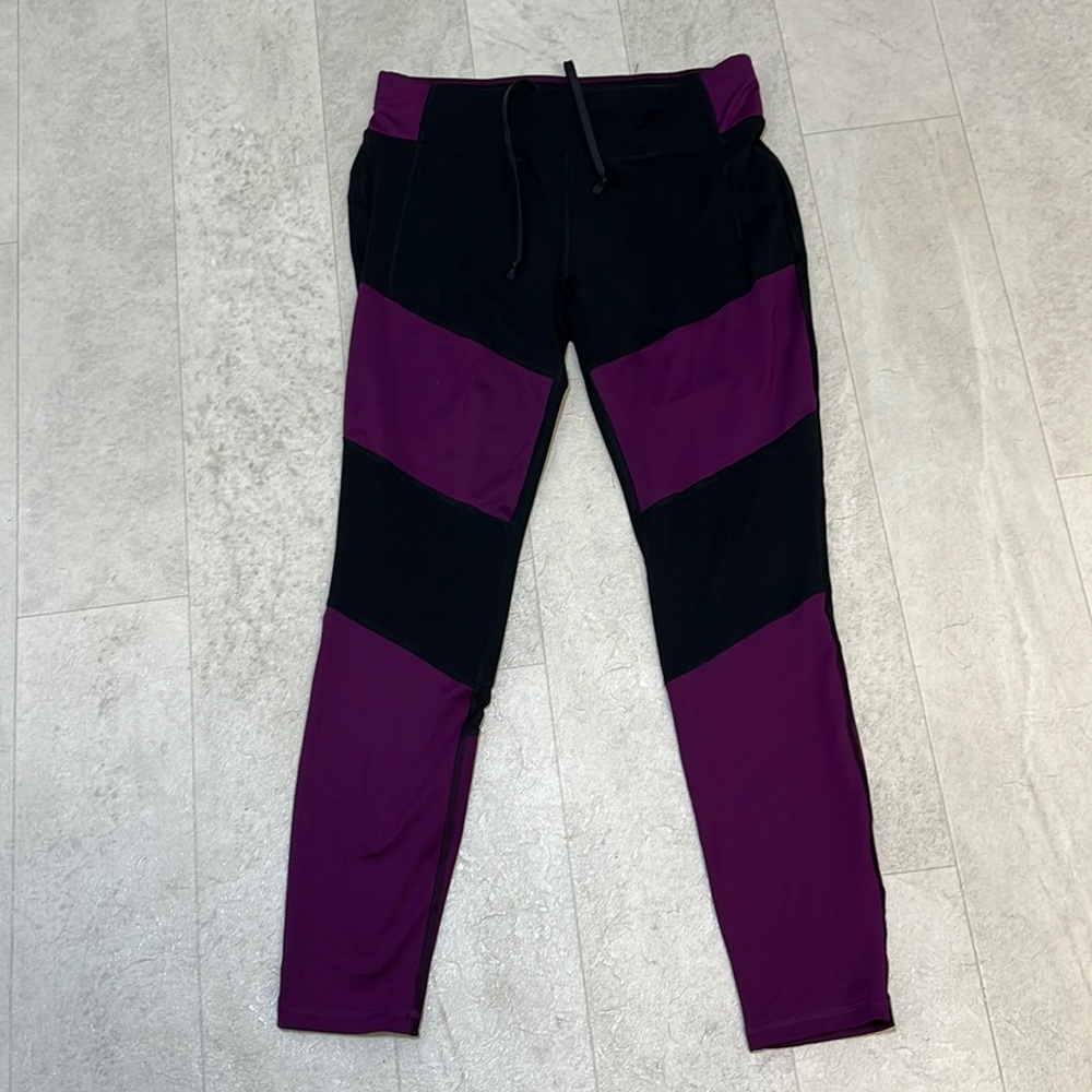 Athletic Works Leggings Sz M Purple Black Mesh Panel Driworks Stretch Drawstring